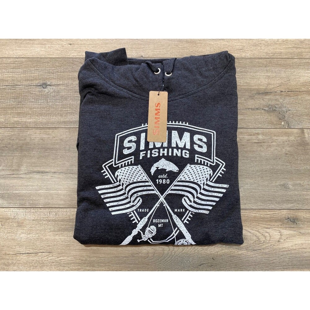 Simms Fishing Men's M Charcoal Fleece Hoodie Hoody Graphic Logo Black Gray